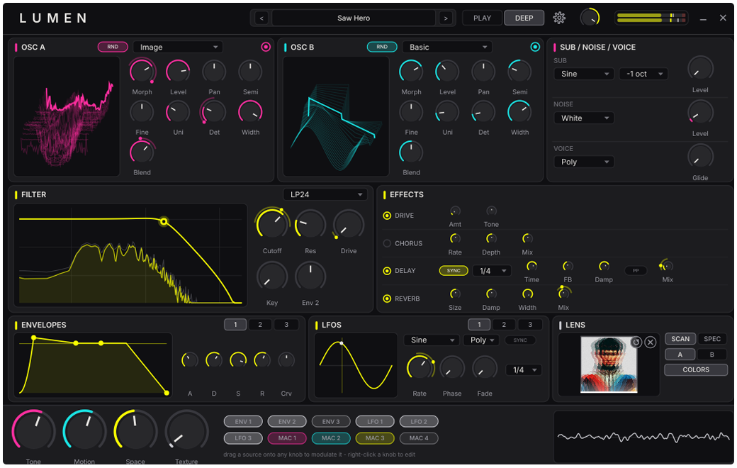 Lumen in DEEP view: oscillator, filters, envelopes, mod matrix, FX