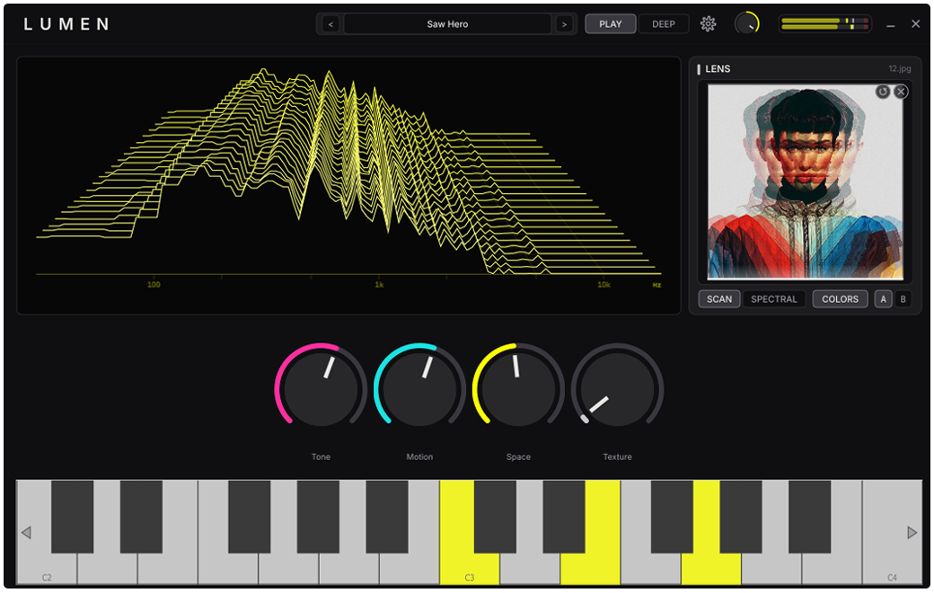 Lumen in PLAY view: waterfall, Lens panel, four macro knobs, keyboard